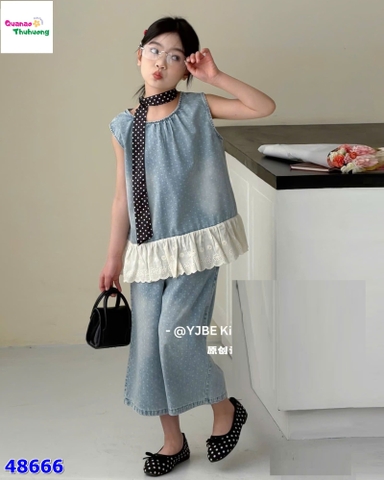 Set xanh jean chấm bi