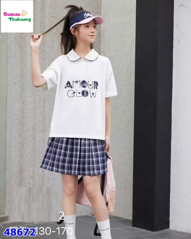 Set áo polo trắng Amour, váy caro
