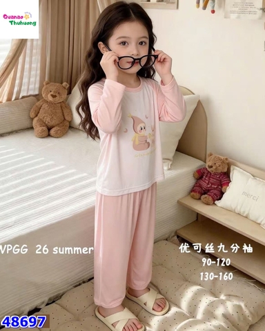 Bộ Tencel dài hồng thỏ nơ