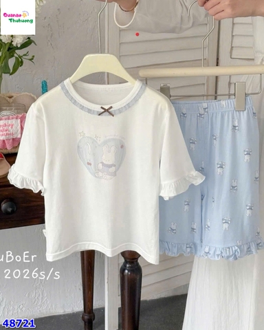 Bộ Tencel lửng trắng thỏ tim xanh