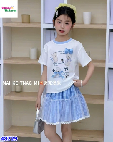 Set áo trắng in cún, chân váy xanh