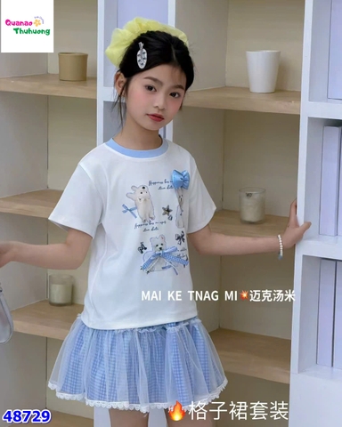 Set áo trắng in cún, chân váy xanh
