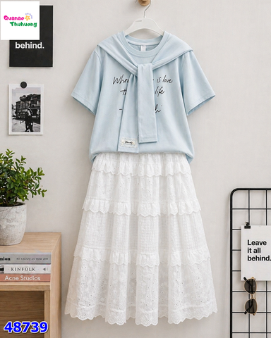 Set áo xanh Glandi, chân váy trắng