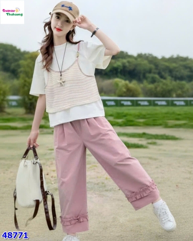 Set áo trắng yếm hồng, quần dài