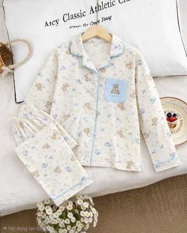 Pyjama dài trắng gấu viền xanh