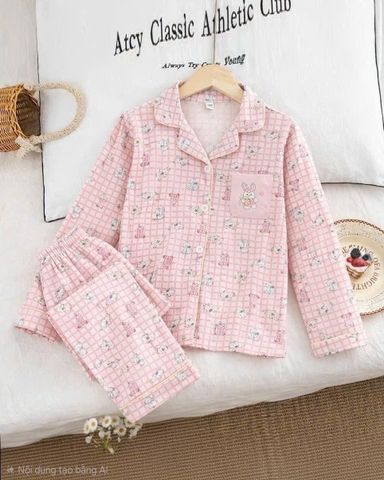 Pyjama dài caro hồng thỏ