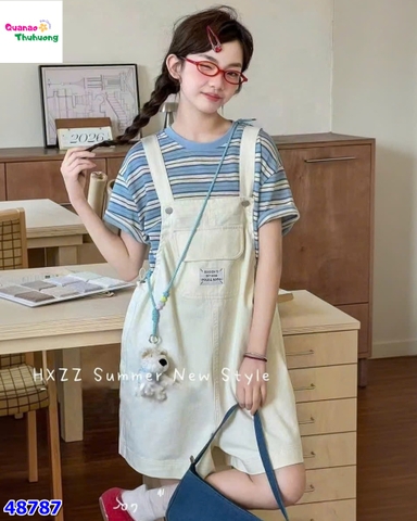 Set quần yếm trắng, áo sọc xanh