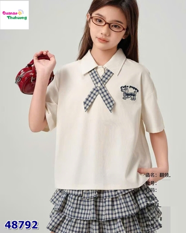 Set áo polo trắng cún, váy caro xanh