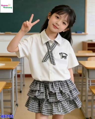 Set áo polo trắng cún, váy caro xanh