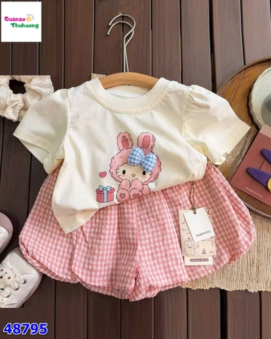 Set áo kem Kitty thỏ, quần caro hồng