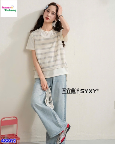Set Syxy áo kem yếm sọc xanh + túi