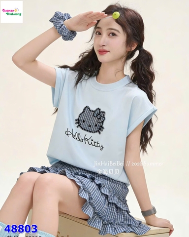 Set áo xanh Kitty, váy caro xanh