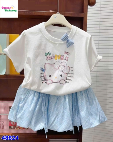 Set áo trắng Kitty, váy caro xanh