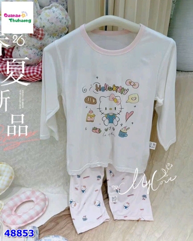 Bộ Tencel T dài trắng Kitty & bánh