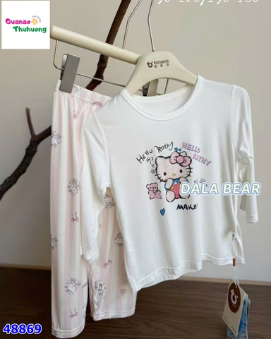 Bộ Tencel T dài trắng Kitty & gấu