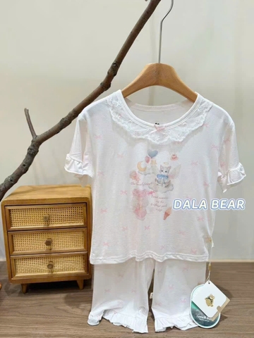 Bộ Tencel T lửng hồng mèo nơ xanh