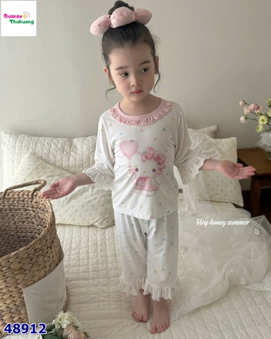 Bộ Tencel lửng Honey trắng Kitty bóng bay