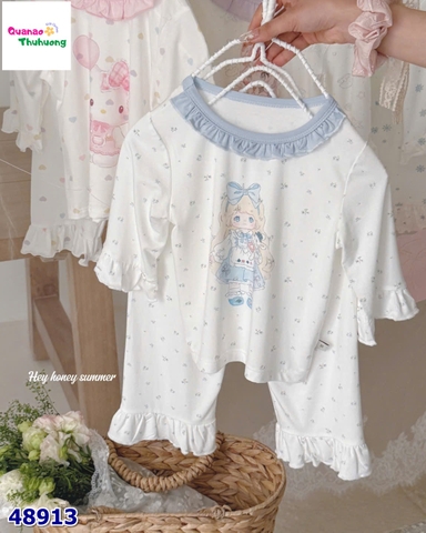 Bộ Tencel lửng Honey trắng cô gái viền xanh