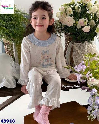Bộ Tencel dài Honey trắng cô gái viền xanh