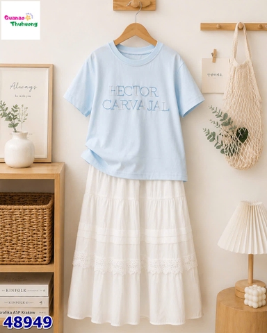Set áo xanh Hector, chân váy trắng