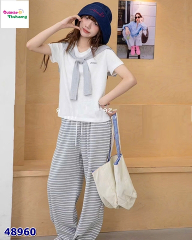 Set áo trắng choàng khăn, quần sọc xám