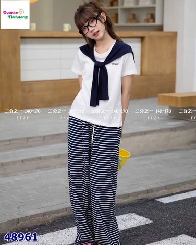 Set áo trắng choàng khăn, quần sọc đen