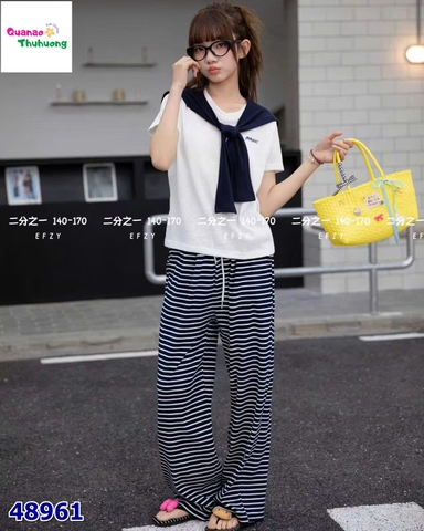 Set áo trắng choàng khăn, quần sọc đen