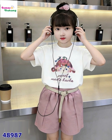 Set áo trắng cô gái Sweet, quần short hồng