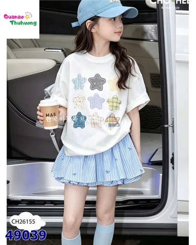 Set ChoHee áo trắng ngôi sao, chân váy xanh