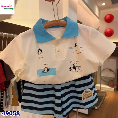 Set áo kem cánh cụt, quần short sọc xanh