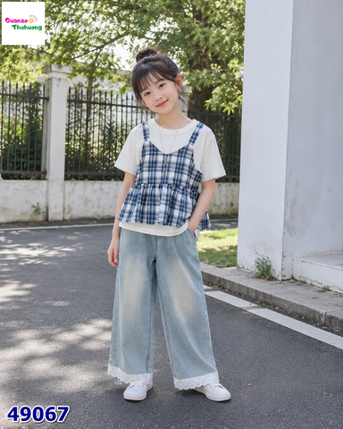 Set áo yếm caro xanh đậm, quần jean dài viền ren