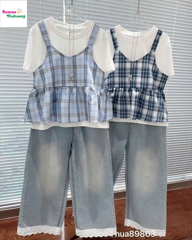 Set áo yếm caro xanh nhạt, quần jean dài viền ren