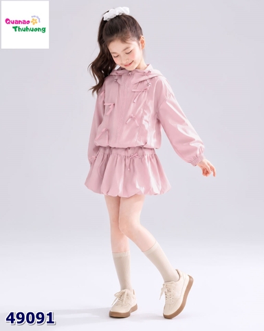Set áo khoác & chân váy hồng đính nơ