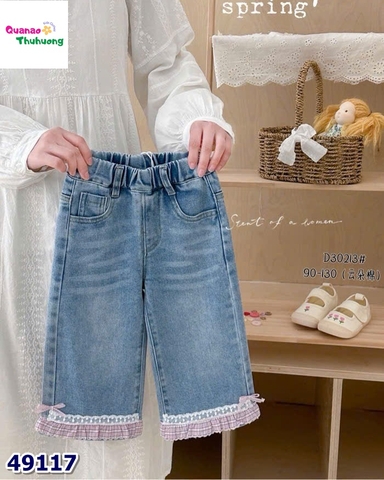 Quần jean xanh viền caro hồng