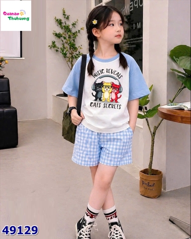 Bộ Tada kem mèo, quần caro xanh