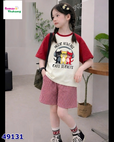 Bộ Tada kem mèo, quần caro đỏ