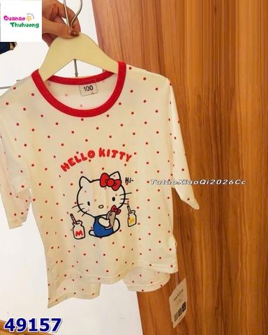Bộ Tencel lửng trắng kitty chấm bi