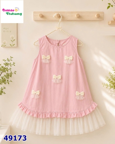 Đầm hồng đính nơ nhí lai ren