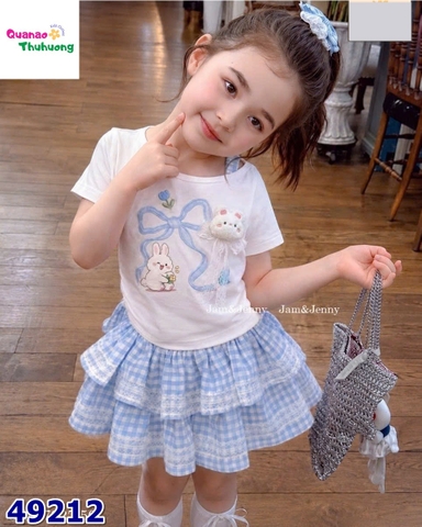 Set váy J&J caro xanh, áo trắng thỏ