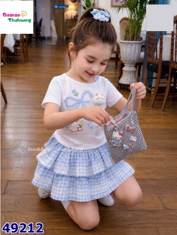 Set váy J&J caro xanh, áo trắng thỏ