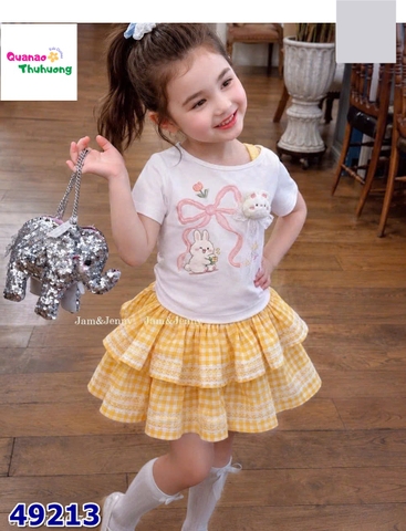 Set váy J&J caro vàng, áo trắng thỏ