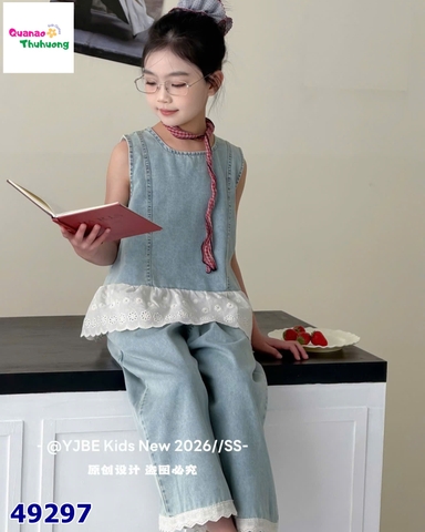 Set bộ xanh jean viền ren