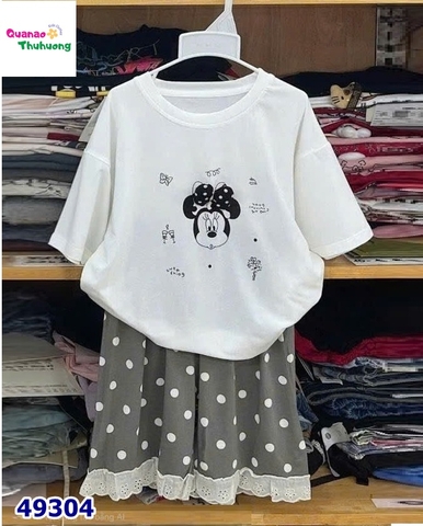 Bộ Tencel T trắng Mickey quần xám