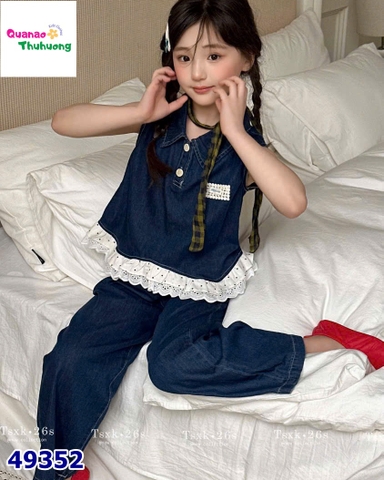 Set bộ jean cổ bẻ MiuMiu xanh đậm