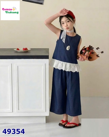 Set bộ jean xanh đậm viền ren trắng