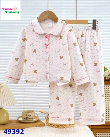 Pyjama Qke cổ sen hồng cún và gấu đính nơ
