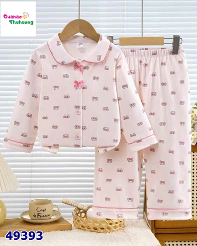 Pyjama Qke cổ tròn hồng nơ nhí đính nơ