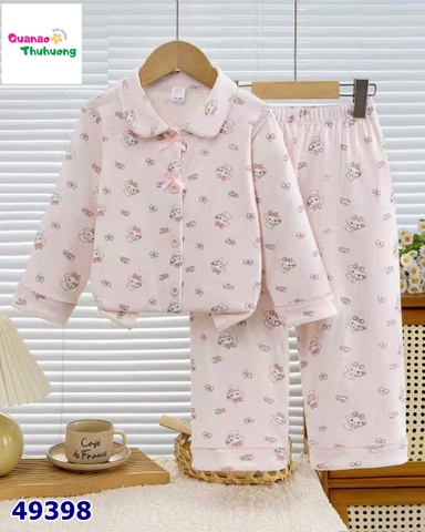 Pyjama Qke cổ tròn hồng melody nhí đính nơ