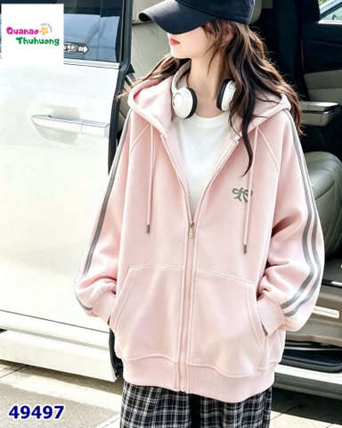 Áo khoác hồng nơ tay sọc xám
