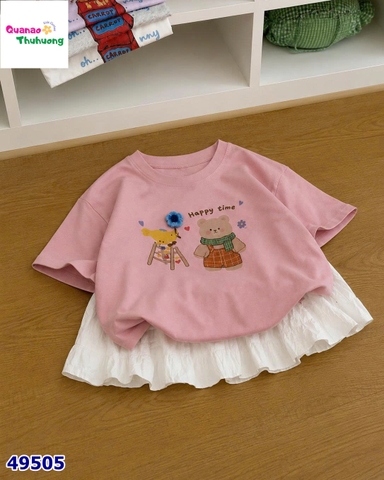 Áo hồng gấu thêu hoa Happy